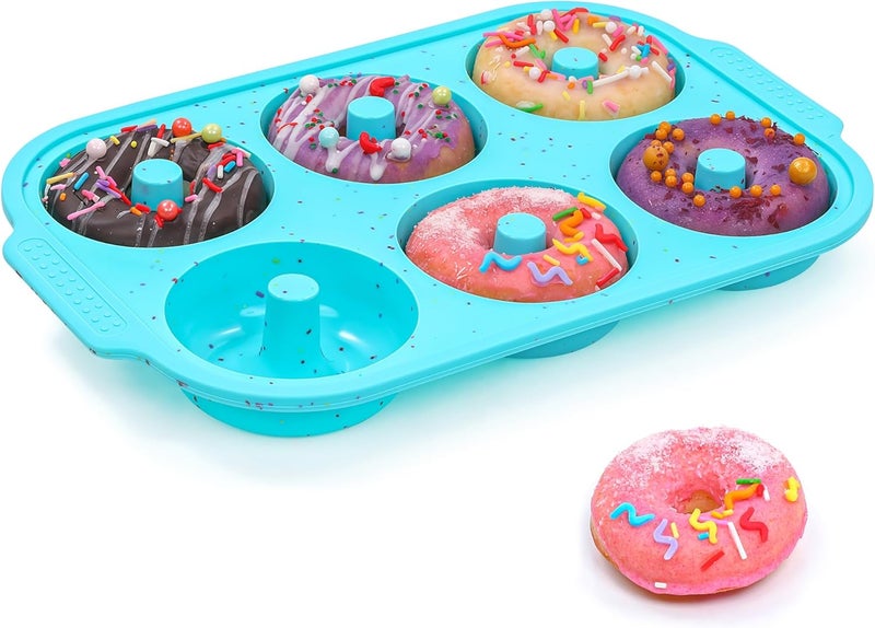 AOTASO Silicone Donut Pan for Baking with Metal Reinforced Frame, Nonstick 3.25 inch Doughnut Baking Pans, 6 Cavity Donut Trays, Make Perfect Bagels and Cake Donuts (Aque) - Image 1